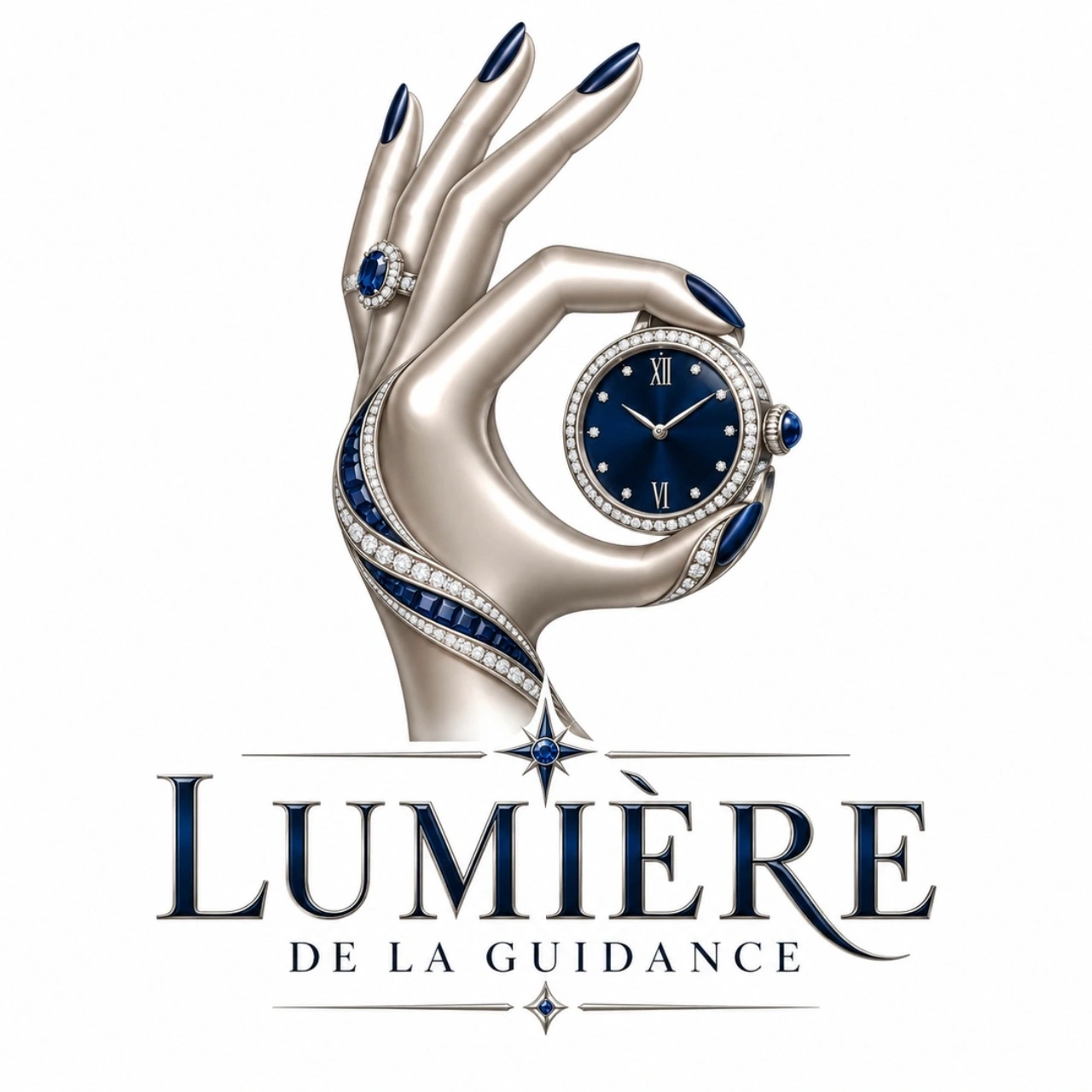 Lumi&egrave;re de la Guidance: a hand holding a blue watch above the name.