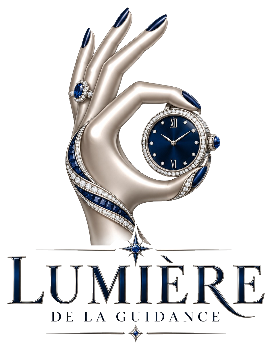 Lumi&egrave;re de la Guidance: a hand holding a blue watch above the name.