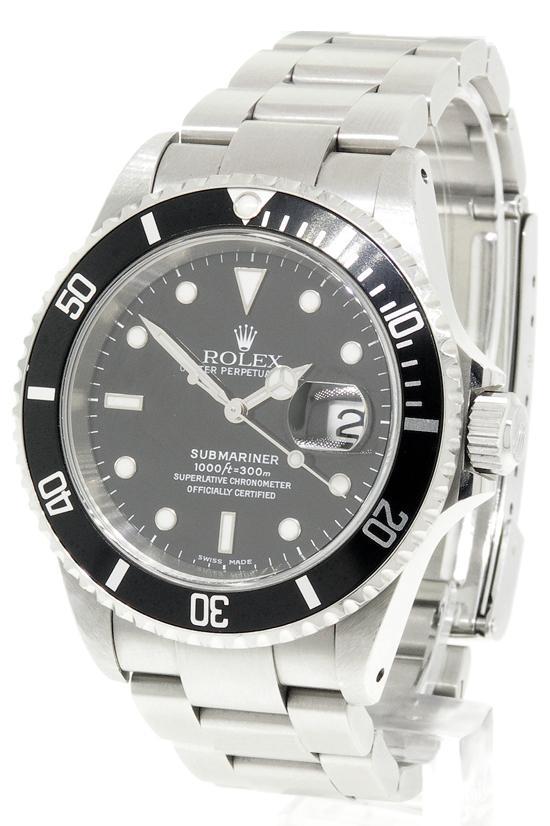 A Rolex Submariner-Date with a black dial, black timing bezel and steel-colored bracelet.