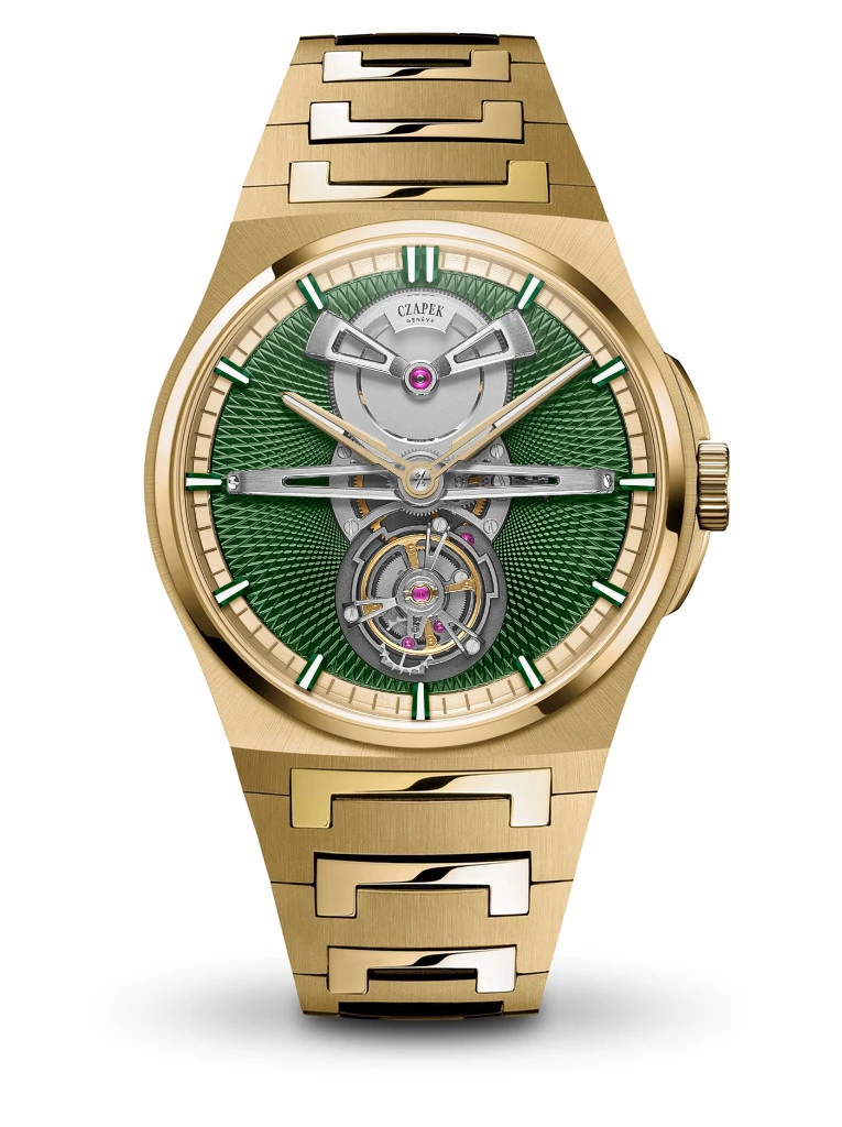 Czapek Antarctique Tourbillon Victory Green with a green guilloch&eacute; dial, yellow-gold case and gold bracelet.