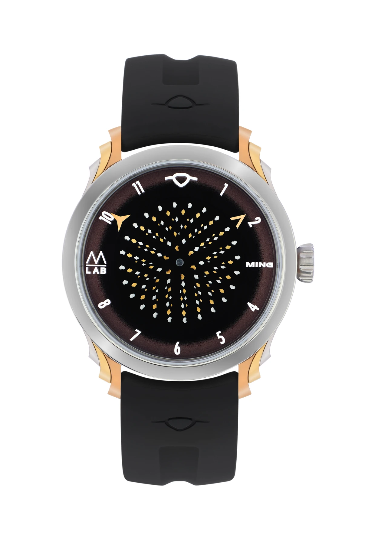 MING &times; Massena LAB 57.09 Secret Honey, showing the honeycomb display, silver case and gold-coloured lugs.