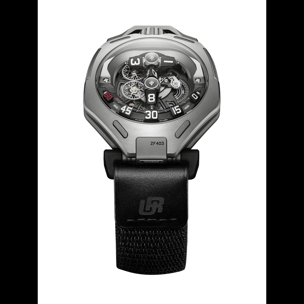 URWERK UR-300 Time Quantum in uncoated titanium, showing its wandering-hour display and black strap.
