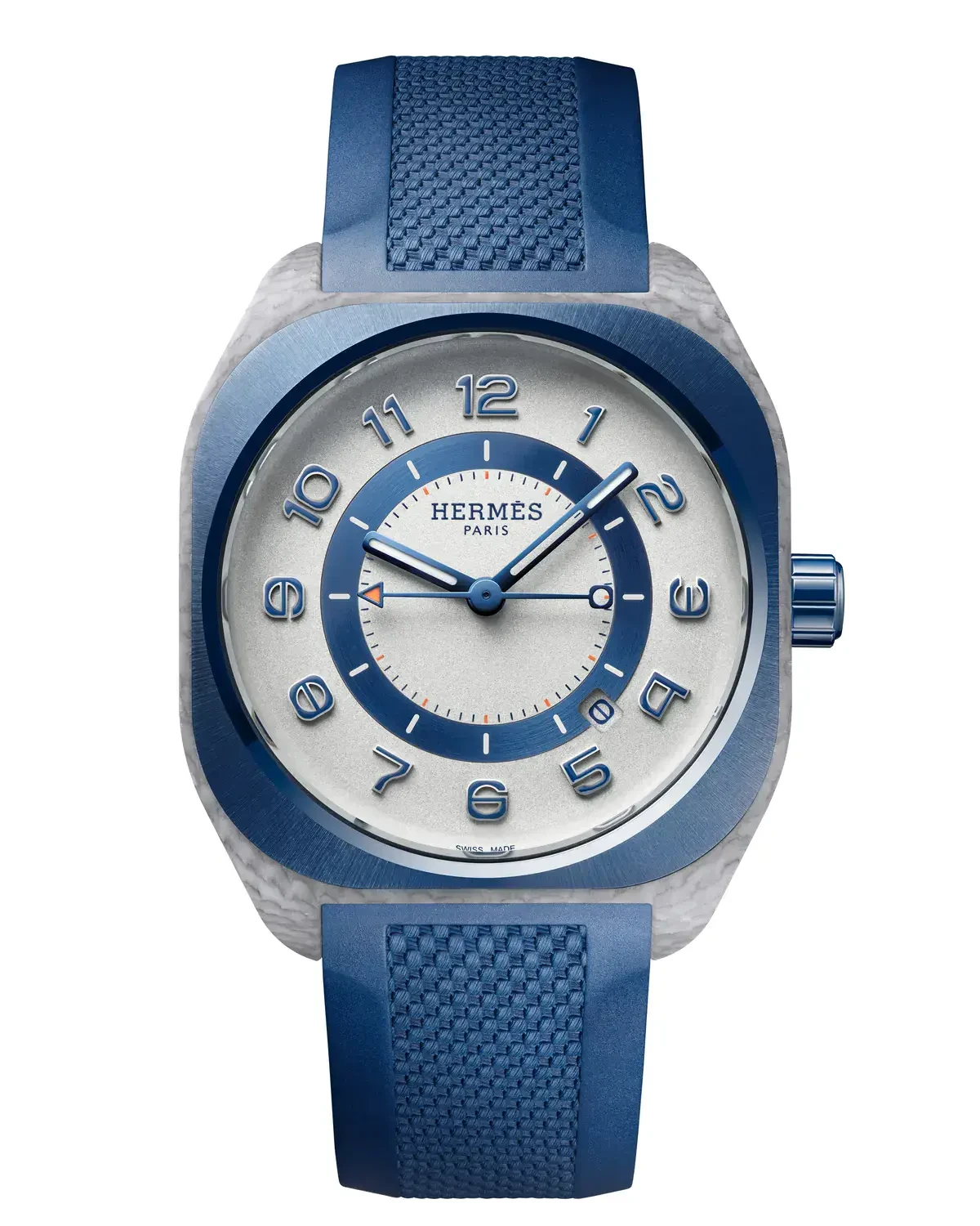 Herm&egrave;s H08 Bleu de Malte with a blue ceramic bezel, light rhodium-plated dial and blue rubber strap.