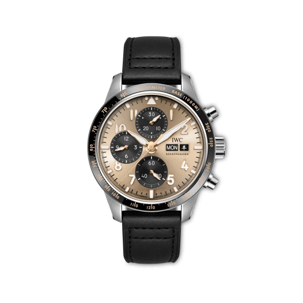 IWC Pilot&rsquo;s Watch Performance Chronograph 41 Year of the Goat IW388310, with a gold-coloured dial and black strap.